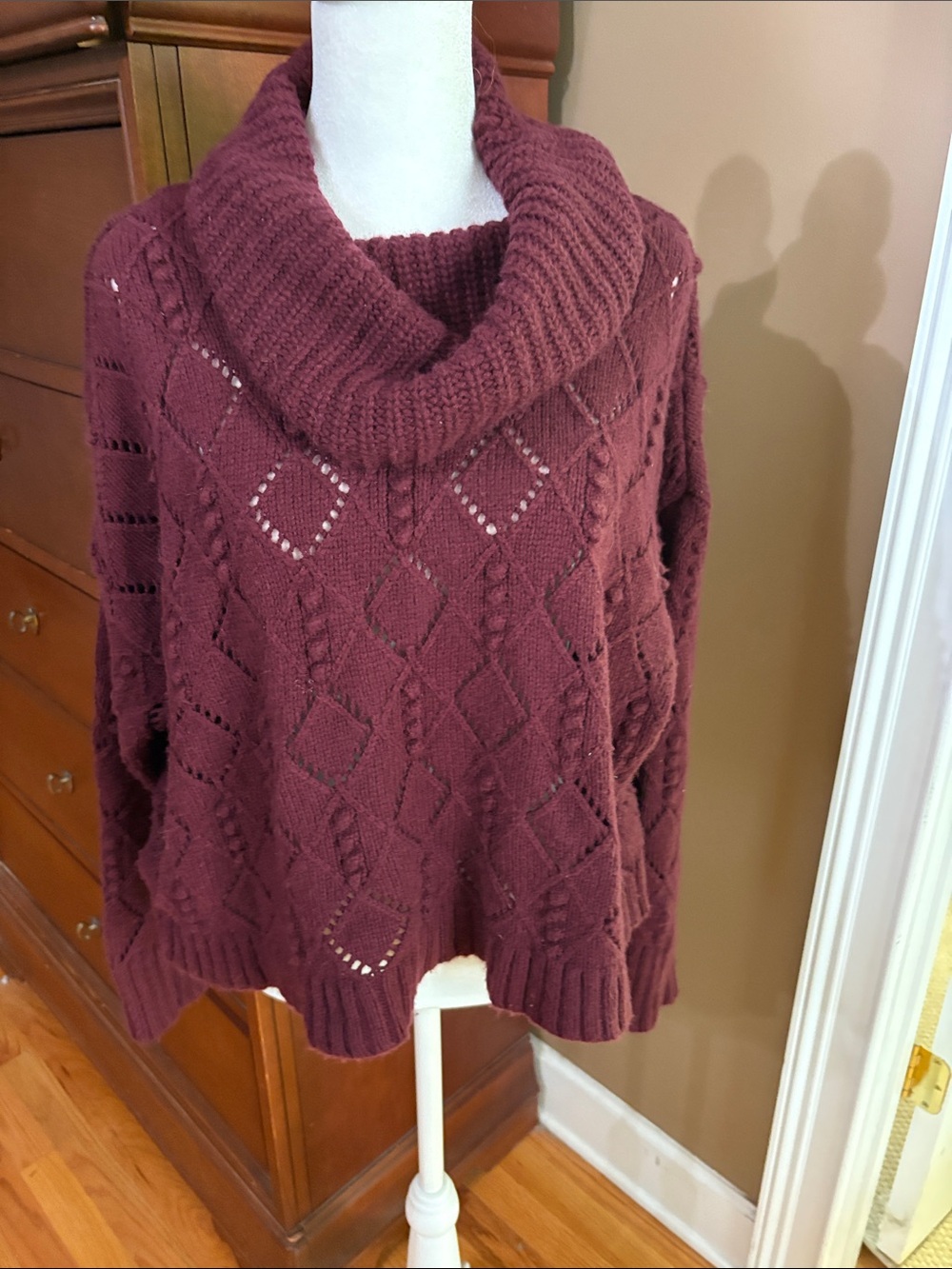 Loft Cropped  Cowl Neck Cable Knit Sweater - Burgundy